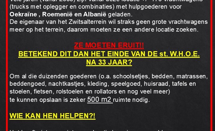 Stichting W.H.O.E. dreigt na 33 jaar te stoppen?